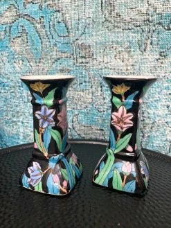 Vintage Blue Floral Candle Holder Set