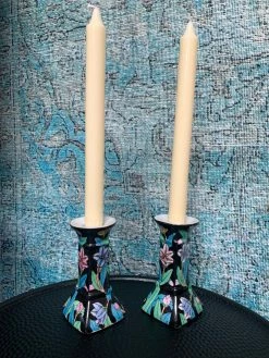 Vintage Blue Floral Candle Holder Set