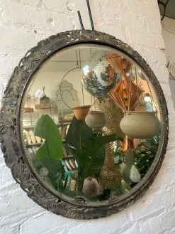 ALL HOME DECOR + ODDITIES Antique Silver Tone Metal Floral Circle Mirror