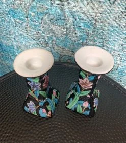 Vintage Blue Floral Candle Holder Set