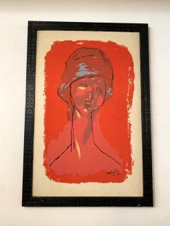 Vintage Framed 70s Canvas Screen-print Of Modigliani Portrait