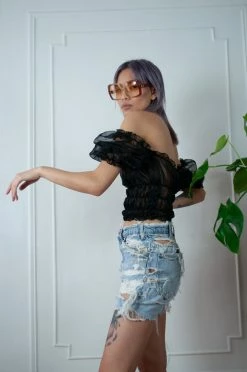 Feng Sway Black Organza Peasant Top