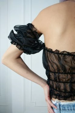 Feng Sway Black Organza Peasant Top