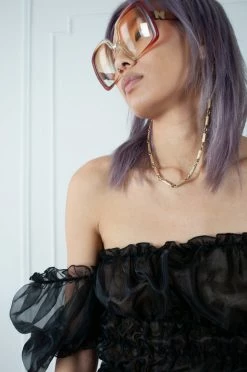 Feng Sway Black Organza Peasant Top