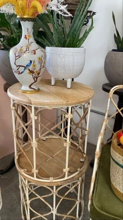 Vintage ALL HOME DECOR + ODDITIES Palm Beach Metal + Rattan Table