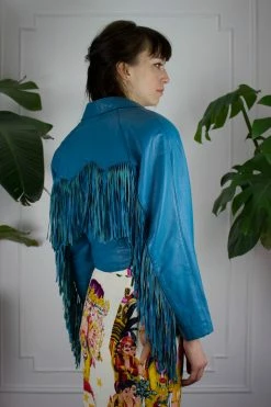 Vintage Turquoise Leather Fringe Moto Jacket