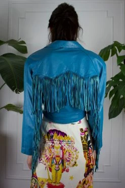 Vintage Turquoise Leather Fringe Moto Jacket