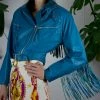 Vintage Turquoise Leather Fringe Moto Jacket