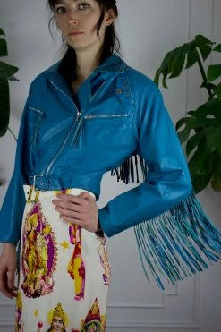 Vintage Turquoise Leather Fringe Moto Jacket