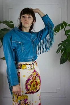 Vintage Turquoise Leather Fringe Moto Jacket