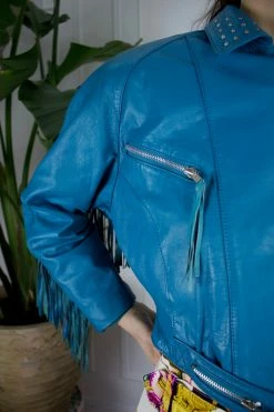 Vintage Turquoise Leather Fringe Moto Jacket