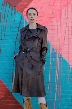 Vintage Distressed Brown Leather Trench Coat