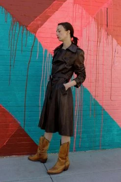 Vintage Distressed Brown Leather Trench Coat