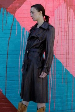 Vintage Distressed Brown Leather Trench Coat