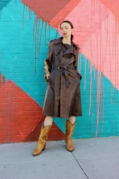 Vintage Distressed Brown Leather Trench Coat