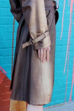 Vintage Distressed Brown Leather Trench Coat