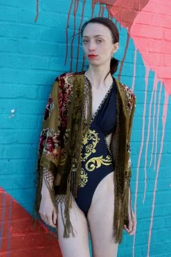 Feng Sway Exclusive Olive Floral Burnout Velvet Robe