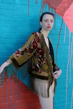 Feng Sway Exclusive Olive Floral Burnout Velvet Robe