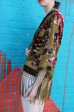 Feng Sway Exclusive Olive Floral Burnout Velvet Robe