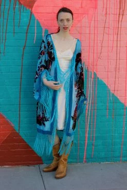 Feng Sway Exclusive Floral Sky Blue Burnout Velvet Robe