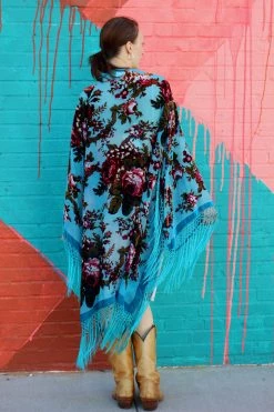Feng Sway Exclusive Floral Sky Blue Burnout Velvet Robe