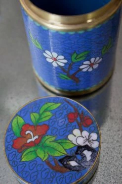 ALL HOME DECOR + ODDITIES Antique Blue Floral Enamel Jar