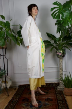 Vintage 70s Indonesian Cotton Robe With Yellow Flowers