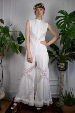Vintage JUMPSUITS + SETS 60s Cotton Lace Pintuck Bridal Jumpsuit