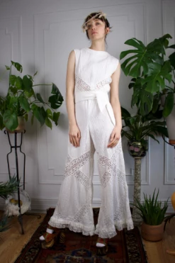Vintage JUMPSUITS + SETS 60s Cotton Lace Pintuck Bridal Jumpsuit