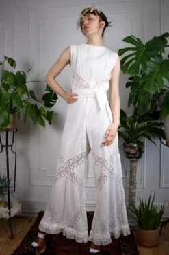 Vintage JUMPSUITS + SETS 60s Cotton Lace Pintuck Bridal Jumpsuit