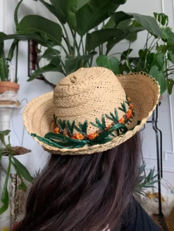 Feng Sway Exclusive Woven Straw Hat With Embroidered Raffia Flowers