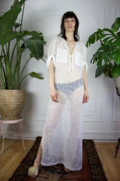 Feng Sway DRESSES 70s Pool Goddess White Linen Kaftan