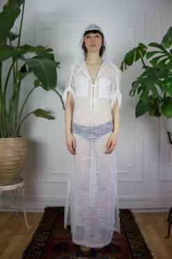 Feng Sway DRESSES 70s Pool Goddess White Linen Kaftan