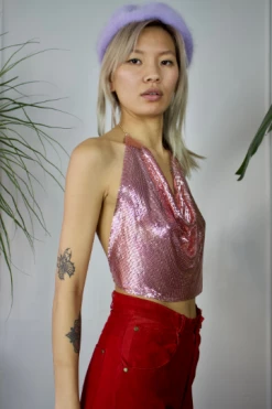 Feng Sway Exclusive Pink Metal Mesh Disco Crop TOPS