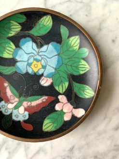Vintage ALL ALTAR DECOR Black Floral Cloisonné Enamel Dish