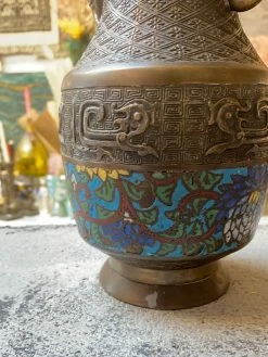 Antique Brass + Painted Enamel Vase