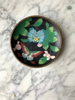 Vintage ALL ALTAR DECOR Black Floral Cloisonné Enamel Dish