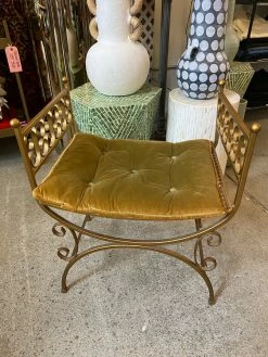 FENG SWAY Brass Bench With Chartruse Cushion ALL HOME DECOR + ODDITIES