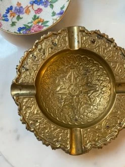 Vintage Antique Floral Brass + Wood Ashtray ALL HOME DECOR + ODDITIES