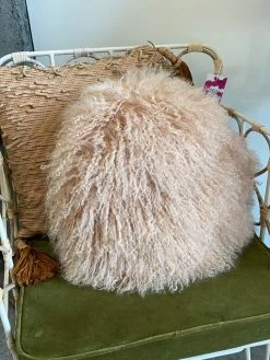 Feng Sway Exclusive ALL HOME DECOR + ODDITIES Round Mongolian Lamb Fur Pillow, Blush Color