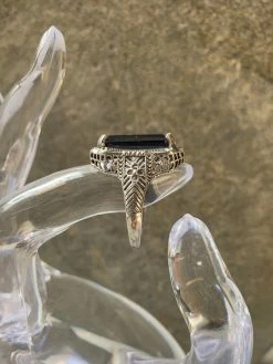 JOY HERITAGE COLLECTION Antique Deco Sterling Filigree Ring With Manmade Sapphire THE JOY HERITAGE COLLECTION