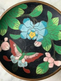 Vintage ALL ALTAR DECOR Black Floral Cloisonné Enamel Dish