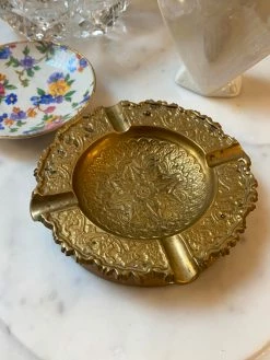 Vintage Antique Floral Brass + Wood Ashtray ALL HOME DECOR + ODDITIES