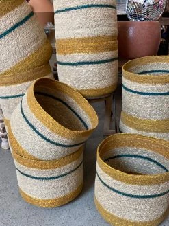 Feng Sway Exclusive 10" POTS Mustard Stripe Plant Basket ~ 2 Sizes