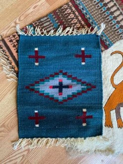 Vintage ALL HOME DECOR + ODDITIES Teal Mexican Woven Table Rug