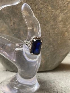 JOY HERITAGE COLLECTION Antique Deco Sterling Filigree Ring With Manmade Sapphire THE JOY HERITAGE COLLECTION