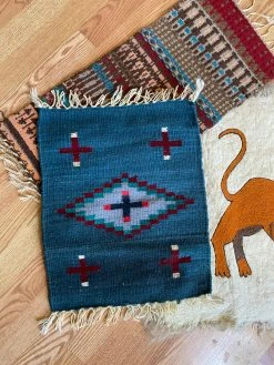 Vintage ALL HOME DECOR + ODDITIES Teal Mexican Woven Table Rug