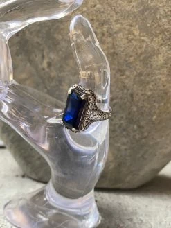 JOY HERITAGE COLLECTION Antique Deco Sterling Filigree Ring With Manmade Sapphire THE JOY HERITAGE COLLECTION