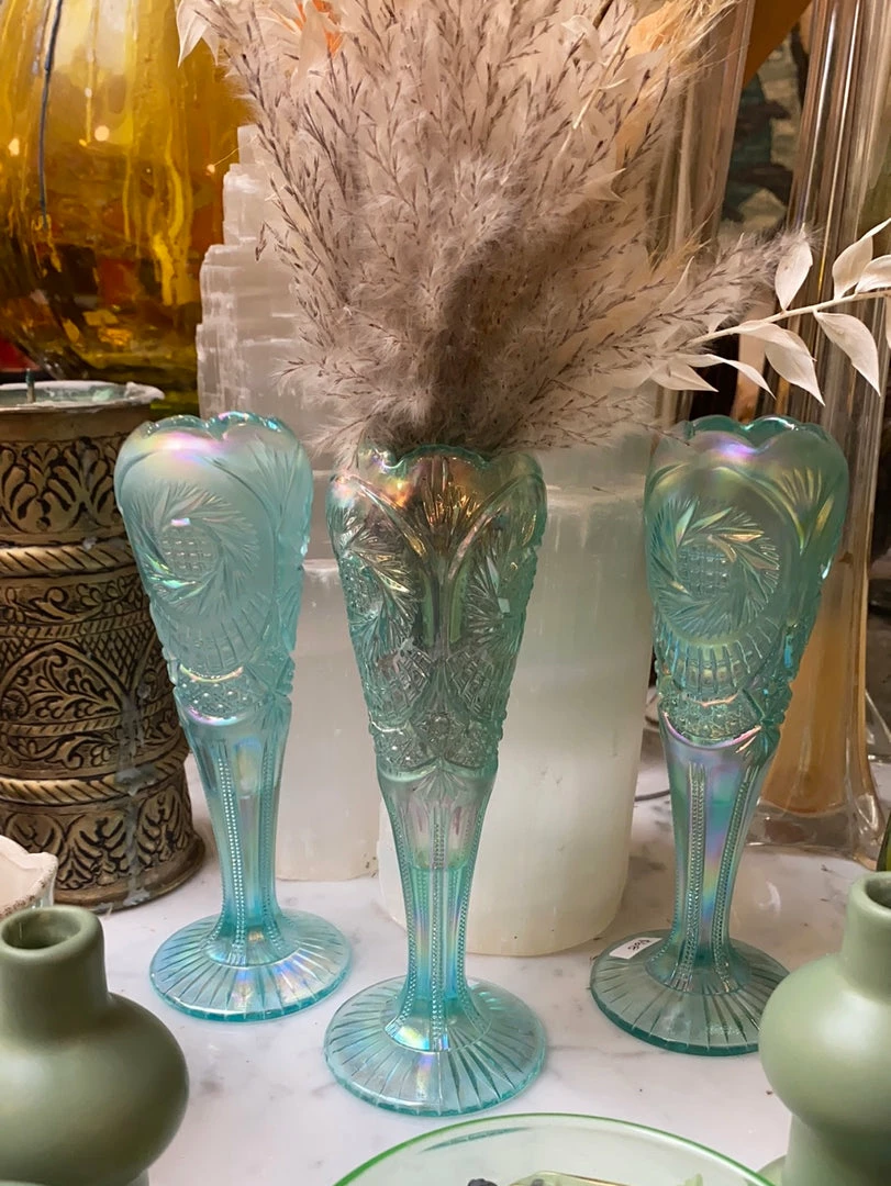 Vintage Blue Carnival Glass Depression Vase 3 Vintage Blue Carnival Glass Depression Vase