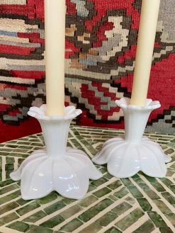 FENG SWAY 40s Floral Milk Glass Taper Holder Set